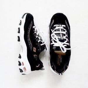 NEW SKECHERS D'LITES Air Cooled Memory Foam Black Rose Gold Wide Fit 8.5